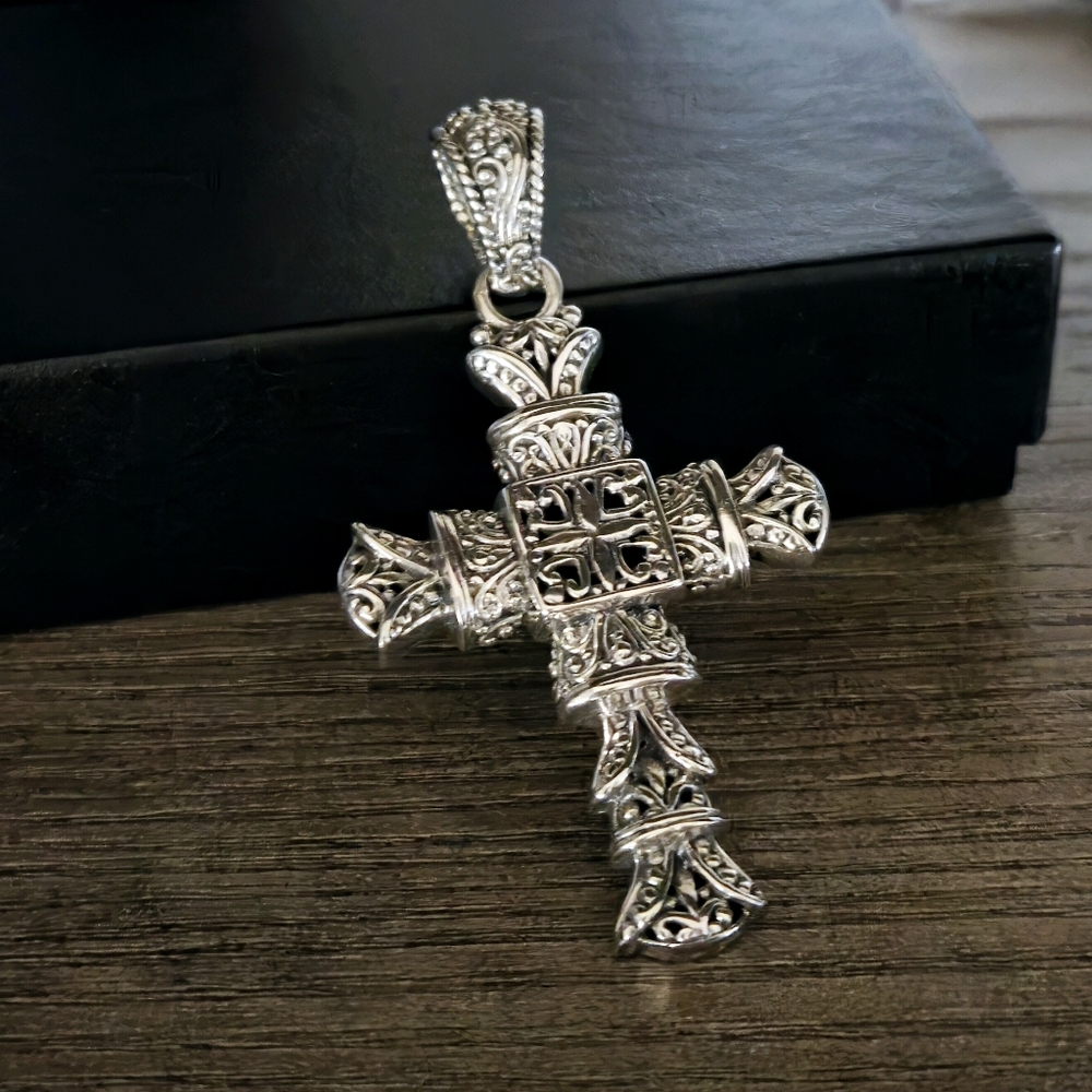 SARDA Designer Signed 925 Sterling Silver Cross Pendant 2.75" Bali - Picture 7 of 16